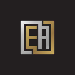 Initial letter EA, looping line, square shape logo, silver gold color on black background