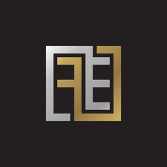 Initial letter FE, looping line, square shape logo, silver gold color on black background