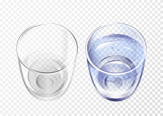 Vector realistic glass empty and cup with blue water on transparent background. 3d glassware for water, juice, bar beverage and soft, alcohol drink. Fragile crockery mockup restaurant cafe top view