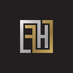 Initial letter FH, looping line, square shape logo, silver gold color on black background