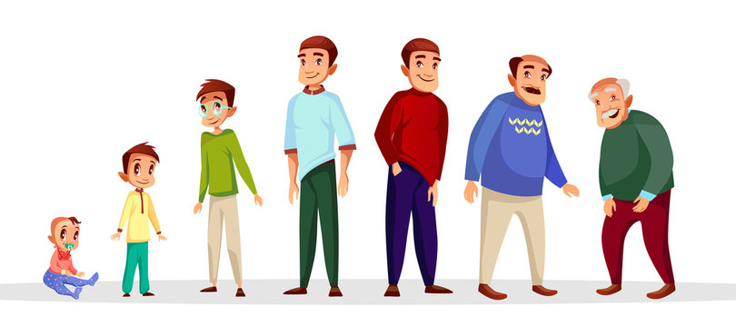 Vector cartoon male character growth and aging process. Happy people - toddler baby kid, teenager in glasses, young adult middle-age character and senior old men set. Age generation life cycle concept