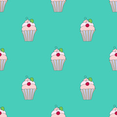 Seamless texture of cupcakes with cherry on turquoise background