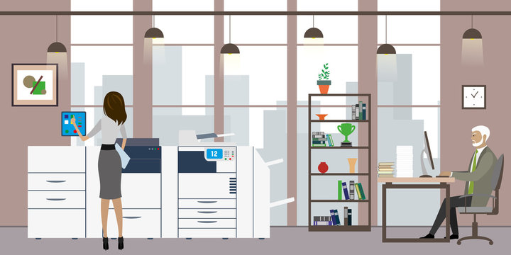 Cartoon office manager in the workplace and woman print on multifunction printer and scanner