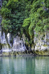 Limestone Mountain Cliff Covered in Tropical Green Plants Leads into Gorgeous Turquoise Waters of a Hidden Cove in Halong Bay, Vietnam