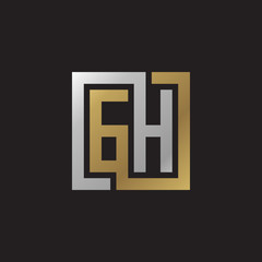 Initial letter GH, looping line, square shape logo, silver gold color on black background