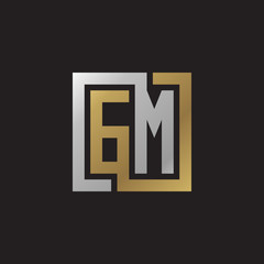 Initial letter GM, looping line, square shape logo, silver gold color on black background