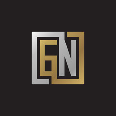Initial letter GN, looping line, square shape logo, silver gold color on black background