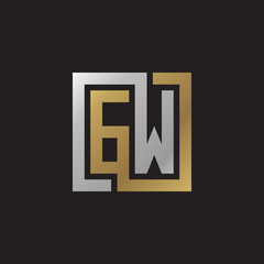 Initial letter GW, looping line, square shape logo, silver gold color on black background
