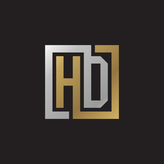 Initial letter HD, looping line, square shape logo, silver gold color on black background