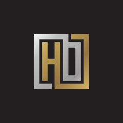 Initial letter HO, HD, looping line, square shape logo, silver gold color on black background