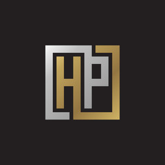 Obraz premium Initial letter HP, looping line, square shape logo, silver gold color on black background