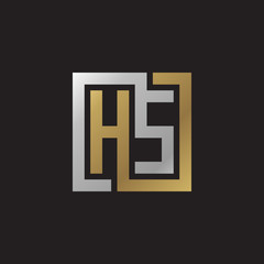 Initial letter HS, looping line, square shape logo, silver gold color on black background