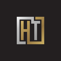 Initial letter HT, looping line, square shape logo, silver gold color on black background
