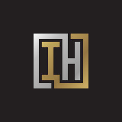 Initial letter IH, looping line, square shape logo, silver gold color on black background
