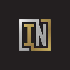 Initial letter IN, looping line, square shape logo, silver gold color on black background