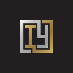 Initial letter IY, looping line, square shape logo, silver gold color on black background