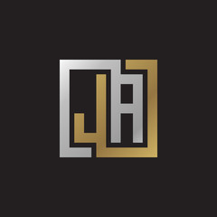 Initial letter JA, looping line, square shape logo, silver gold color on black background