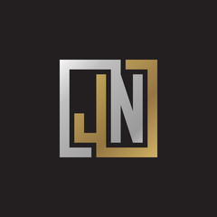 Initial letter JN, looping line, square shape logo, silver gold color on black background