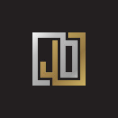Initial letter JO, JD, looping line, square shape logo, silver gold color on black background