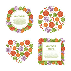 Vegetable frames and concepts set. Assorted sliced fruit for salad. Vector template for design. Flat style.