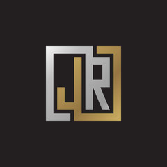 Initial letter JR, looping line, square shape logo, silver gold color on black background