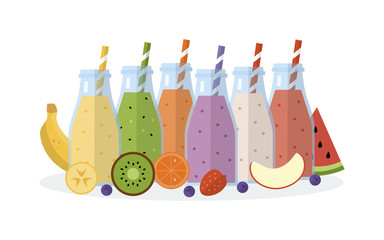 Different smoothies in jars with ingredients isolated on white background. Concept for cocktail menu bar. Vector illustration in flat design.