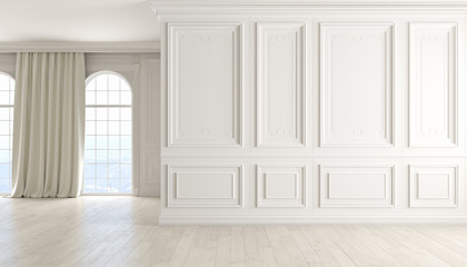 Classic empty interior with white wall, wood floor, window and curtain.