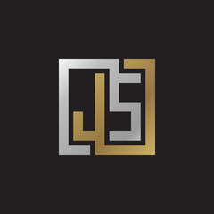 Initial letter JS, looping line, square shape logo, silver gold color on black background