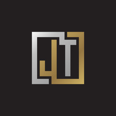 Initial letter JT, looping line, square shape logo, silver gold color on black background