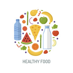 Healthy food round concept. Isolated on white background. Design element for website, graphic design and other. Vector illustration in flat design.