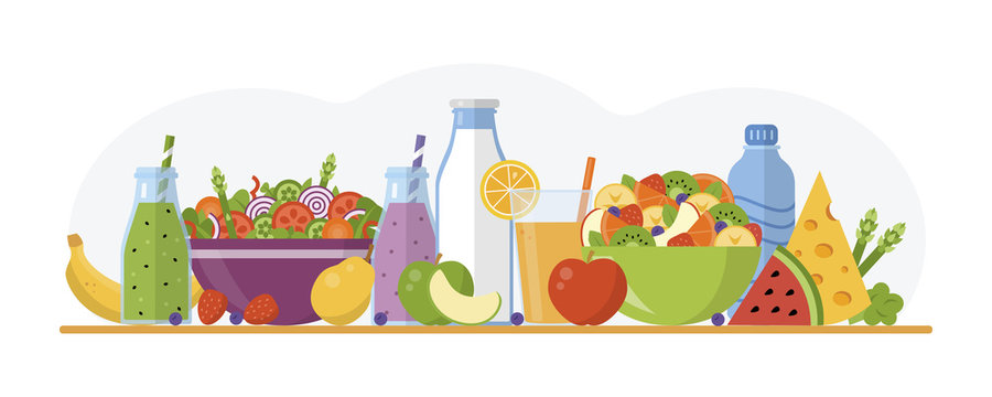 Flat design banner. Health food concept isolated on white background. Vector illustration for web design, marketing, graphic design.