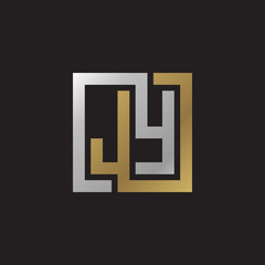 Initial letter JY, looping line, square shape logo, silver gold color on black background