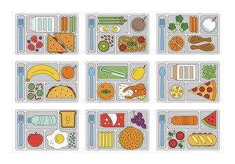 Set lunches on a tray. Line style. Healthy food. Element for tour design. Vector illustration.