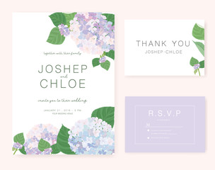 Wedding card invitation set with hydrangea flower and leaf vector template.