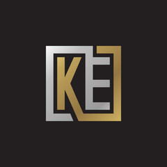 Initial letter KE, looping line, square shape logo, silver gold color on black background