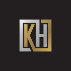 Initial letter KH, looping line, square shape logo, silver gold color on black background