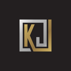 Initial letter KJ, looping line, square shape logo, silver gold color on black background