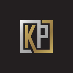 Initial letter KP, looping line, square shape logo, silver gold color on black background
