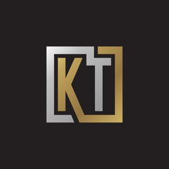 Initial letter KT, looping line, square shape logo, silver gold color on black background