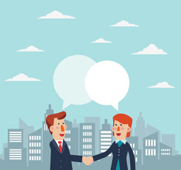 Young business woman and businessman talking and discussing in a city street. Successful and smiling business people shake hands