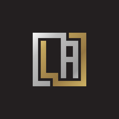 Initial letter LA, looping line, square shape logo, silver gold color on black background