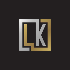 Initial letter LK, looping line, square shape logo, silver gold color on black background