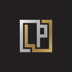 Initial letter LP, looping line, square shape logo, silver gold color on black background