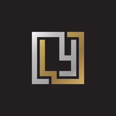 Initial letter LY, looping line, square shape logo, silver gold color on black background