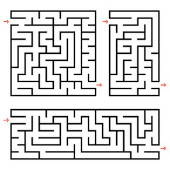 A set of square and rectangular labyrinths with entrance and exit. Simple flat vector illustration isolated on white background.