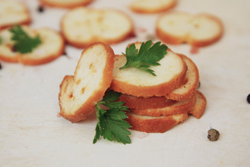 Italian Bruschetta Spices Green Leaves Papper Salt grilled crusty bread