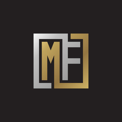 Initial letter MF, looping line, square shape logo, silver gold color on black background