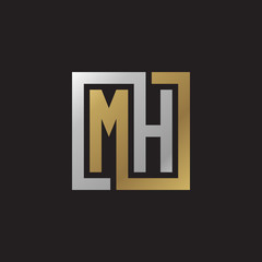 Initial letter MH, looping line, square shape logo, silver gold color on black background