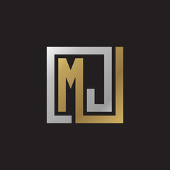 Initial letter MJ, looping line, square shape logo, silver gold color on black background