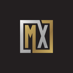 Initial letter MX, looping line, square shape logo, silver gold color on black background